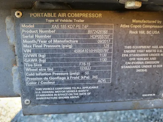 2017 Atlas Copco XAS185KD7 T4F Air Compressor