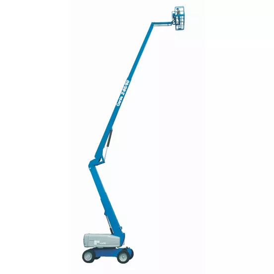 Wide side view of a  fully extended blue boom lift with basket.