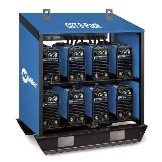 Blue and black MILLERELEC Welder Rack, 280 Amp, 8-Pack