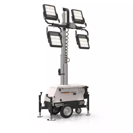 White and silver and black GENERAC Portable LED Light Tower, Electric Powered
